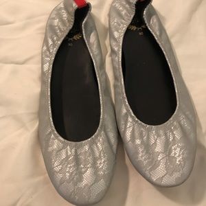Rita Silver Lace Red Bottom Flats, Size 9